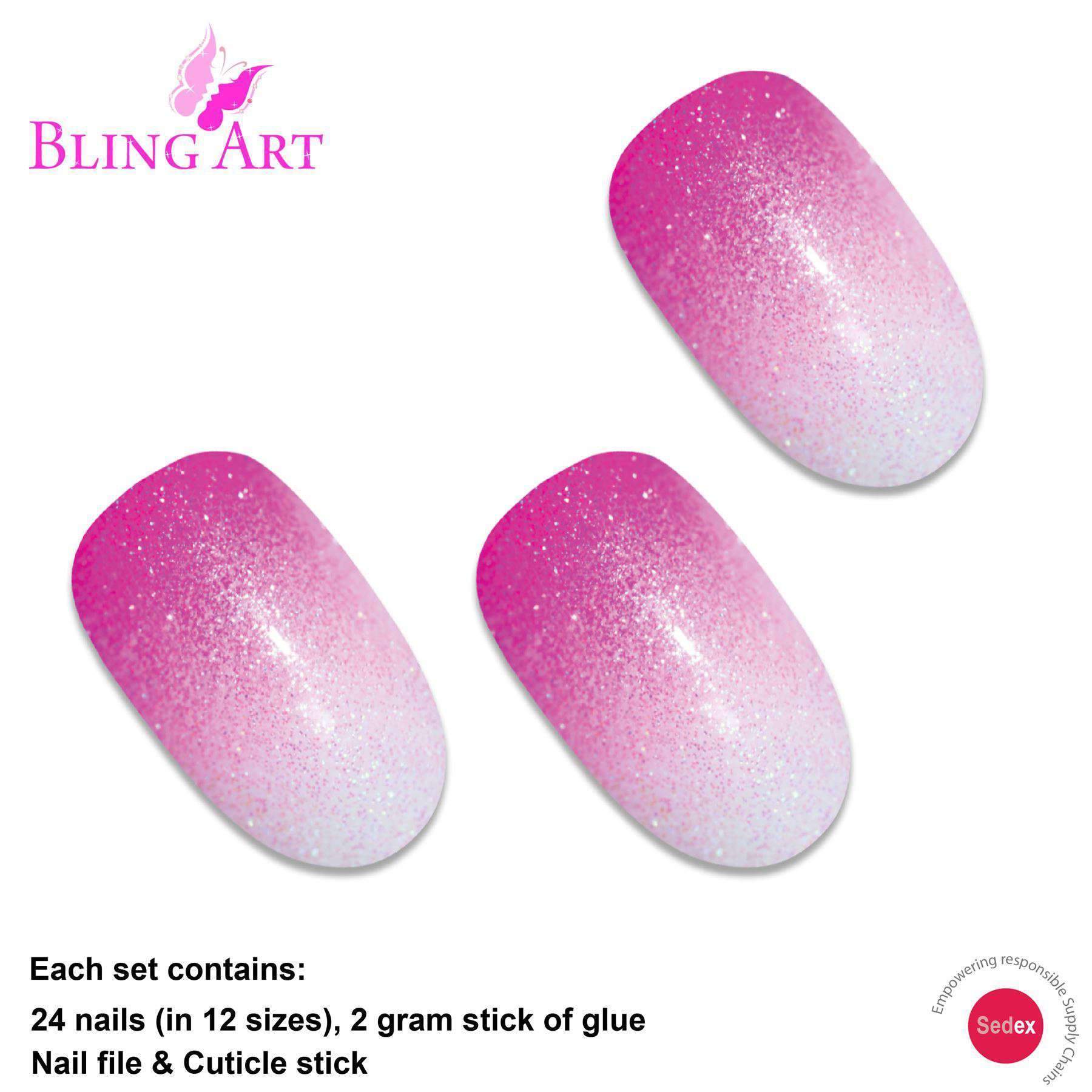 Bling Art Pink Gel Ombre Oval Medium Fake Acrylic Nails set with 24 vibrant pink nail tips, glue, nail file, and cuticle stick.